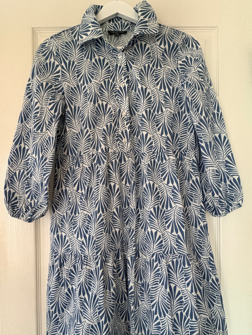Rachel Zoe blue and white fan-palm leaf print dress.